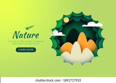 Paper art of green nature.Green mountains with exploe and adventure concept landing page website template background.Vector illustration.