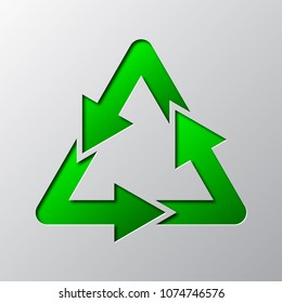 Paper art of the green recycle eco symbol isolated. Vector illustration. Recycle icon is cut from paper.