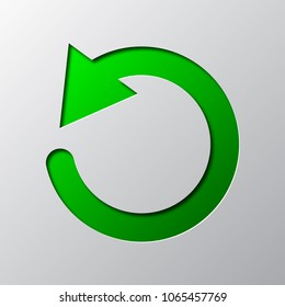 Paper art of the green round arrow sign isolated. Vector illustration. Refresh icon is cut from paper.