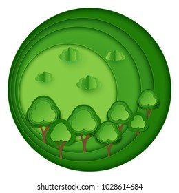 Paper art green trees, clouds on green background. Ecology, world environment concept. Modern paper cut origami design. Vector illustration