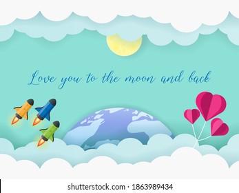 Paper art of greeting card love you to the moon and back. paper cut of 3 rockets flying to the moon.
