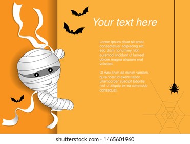 Paper art of greeting card with mummy, bats and spider. Happy Halloween celebration concept, Flat and digital craft style vector illustration.