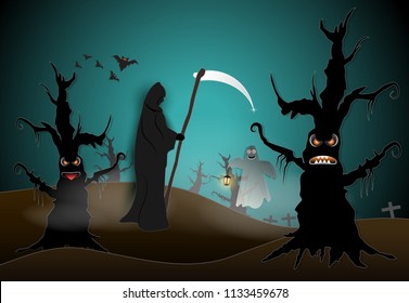 Paper art of grim reaper and ghost in cemetery and dark forest Halloween background, paper cut style illustration