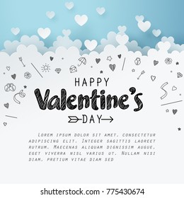 Paper art of group of heart combine to be the cloud with doodles love icon and copy space, origami and happy valentine's day concept, vector art and illustration.