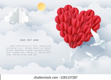 Paper art of group of red balloons combine to heart shape with copy space, origami and happy valentine's day concept, vector art and illustration.