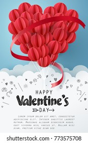 Paper art of group of red balloons combine to heart shape with doodles love icon and copy space, origami and happy valentine's day concept, vector art and illustration.