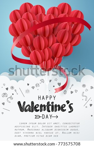 Paper art of group of red balloons combine to heart shape with doodles love icon and copy space, origami and happy valentine's day concept, vector art and illustration.