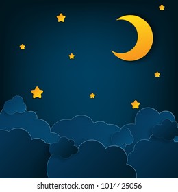 Paper art half moon, rays, fluffy clouds and stars in midnight. Modern 3d origami paper art style. Vector illustration, dark night sky