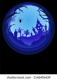 Paper art Halloween background with haunted house, cemetery with graves, dead tree branches. Modern paper cut style flyer or invitation template for halloween party. Blue light lamp