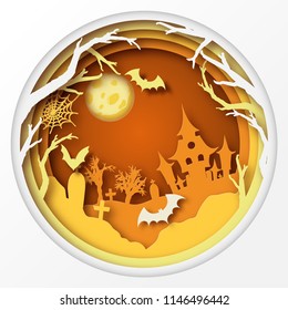 Paper art Halloween background with haunted house, fool moon, cemetery with graves, dead tree branches and flying bats. Modern paper cut style flyer or invitation template for halloween party. 
