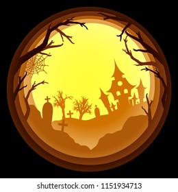 Paper art Halloween background with haunted house, cemetery with graves, dead tree branches. Modern paper cut style flyer or invitation template for halloween party. Yellow light lamp