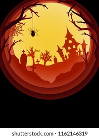 Paper art Halloween background with haunted house, cemetery with graves, dead tree branches. Modern paper cut style flyer or invitation template for halloween party. Yellow light lamp