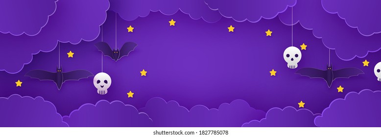 Paper art Halloween background. Modern paper cut style flyer or invitation template for halloween party. Purple light lamp