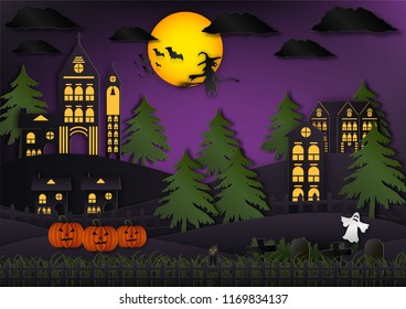 Paper art of halloween background with witch, ghost and full moon. Vector illustration