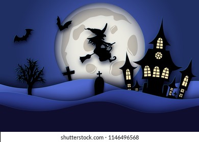 Paper art Halloween night background with haunted house, bat, graves, witch flying on a broomstick and fool moon. Modern paper cut style flyer or invitation template for halloween party.