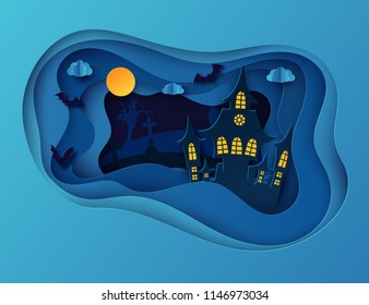 Paper art Halloween night background with haunted house, flying bat, cemetery with graves and dead tree. Modern paper cut style flyer or invitation template for halloween party. 
