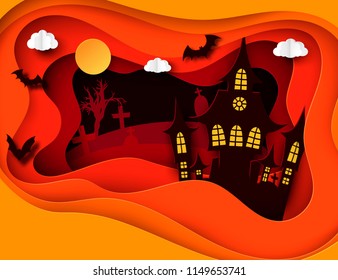 Paper art Halloween night background with haunted house, flying bat, cemetery with graves and dead tree. Modern paper cut style flyer or invitation template for halloween party. 