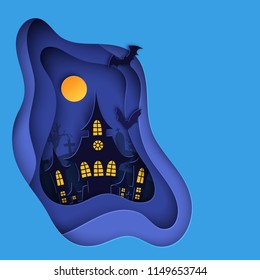 Papier art Halloween, arrière-plan nuit avec maison hantée, chauve-souris volante, cimetière avec tombes et arbre mort. Un flyer de style papier moderne ou un modèle d'invitation pour la fête d'halloween. 