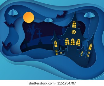 Paper art Halloween night background with haunted house, flying bat, cemetery with graves and dead tree. Modern paper cut style flyer or invitation template for halloween party. 