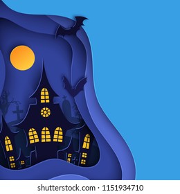 Paper art Halloween night background with haunted house, flying bat, cemetery with graves and dead tree. Modern paper cut style flyer or invitation template for halloween party. 
