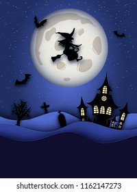 Paper art Halloween night background with haunted house, bat, graves, witch flying on a broomstick and fool moon. Modern paper cut style flyer or invitation template for halloween party. 