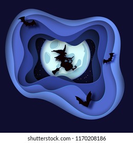 Paper art Halloween night background with bats and witch flying on a broomstick and fool moon. Modern paper cut style flyer or invitation template for halloween party. 