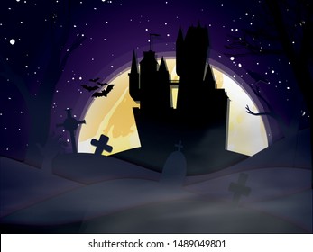Paper art Halloween night background with haunted house, flying bat, cemetery with graves and dead tree. Modern paper cut style flyer or invitation template for halloween party.