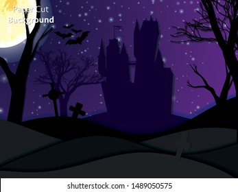 Paper art Halloween night background with haunted house, flying bat, cemetery with graves and dead tree. Modern paper cut style flyer or invitation template for halloween party.