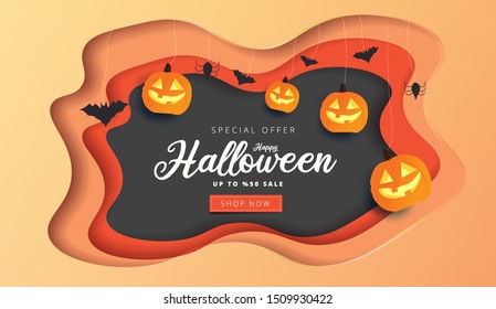 Paper art Halloween night background with flying bats, pumpkins with spiders. Modern paper cut style flyer or invitation template for halloween party.