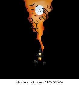 Paper art of halloween night background.Dark castle and full moon with spooky forest.Vector illustration.