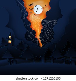 Paper art of halloween night background.Dark castle and full moon with spider web and cloud.Vector illustration.