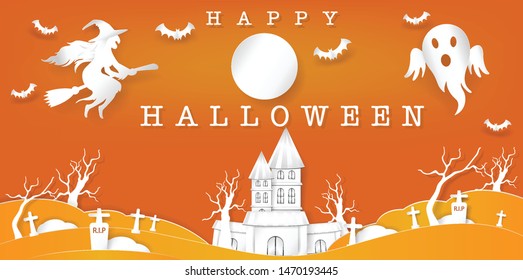 Paper art of halloween night background.Dark castle and full moon with the witch and cloud.Vector illustration