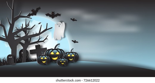 Paper art of halloween party with ghost in full moon,night,light,vector,illustration