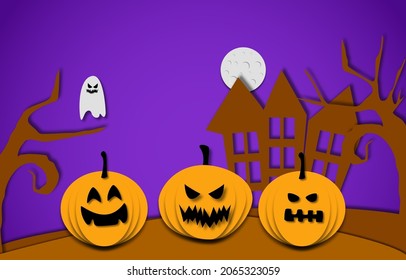 paper art Halloween with pumpkin, house, cemetery.