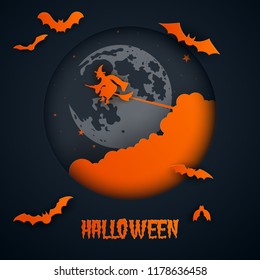 Paper art of halloween.The witch flying .Vector illustration.