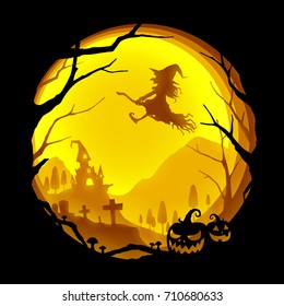 Paper art of Halloween with yellow light, vector art and illustration.