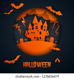 Paper art of halloween.Haunted castle and lightning.Vector illustration.