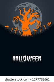 Paper art of halloween.Haunted tree,skeleton hand and moon.Vector illustration.