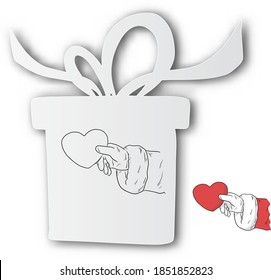 paper art hand of Santa claus holding heart shape in white paper with black lines isolated on white background.