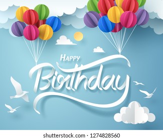 Paper art of happy birthday calligraphy hand lettering hanging with colorful balloon, vector art and illustration.