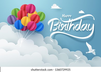 Paper art of happy birthday calligraphy hand lettering with colorful balloon, vector art and illustration.