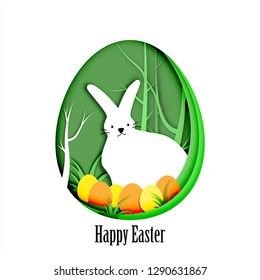 Paper art of Happy Easter with cute rabbit cartoon design vector