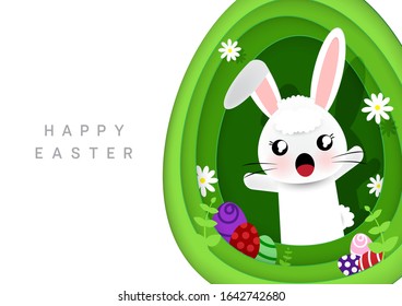 Paper art Happy Easter Egg with cute bunny in egg frame. invitations and greeting cards design with rabbit cartoon.