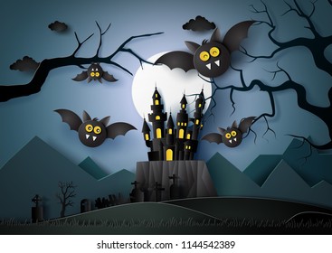 paper art of Happy Halloween with bats flying in the darknight.