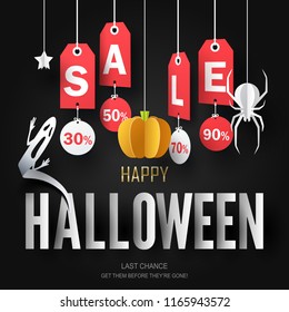 Paper art of happy Halloween, business sale and promotion advertising, vector art and illustration.