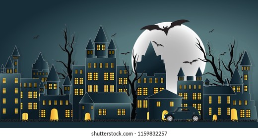 Paper art of happy halloween day ghost party with castle on moon in the sky over the abandoned village background, flat design vector illustration.