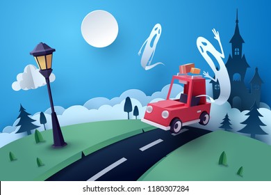 Paper art of happy Halloween, red car run away from a ghost castle, vector art and illustration.