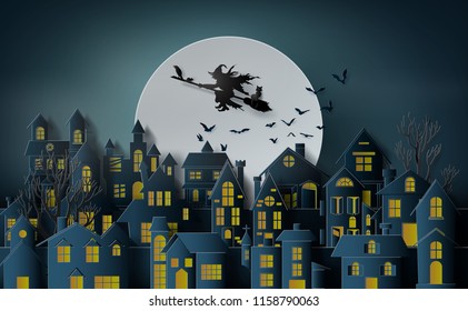 Paper art of happy halloween, Witch riding a broom flying in the sky over the abandoned village