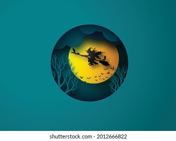 Paper art of happy halloween, Witch riding a broom flying in the sky  with fullmoon