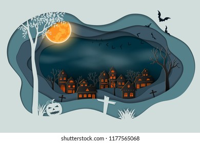 Paper art of happy halloween,Bats flying in the sky above dark village background